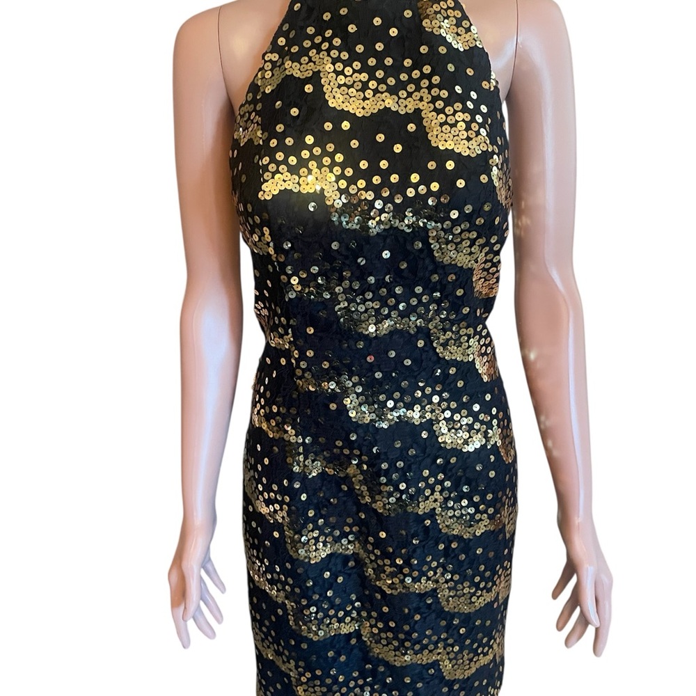 Dave & Johnny Black Halter Backless Dress with Gold Sequins S